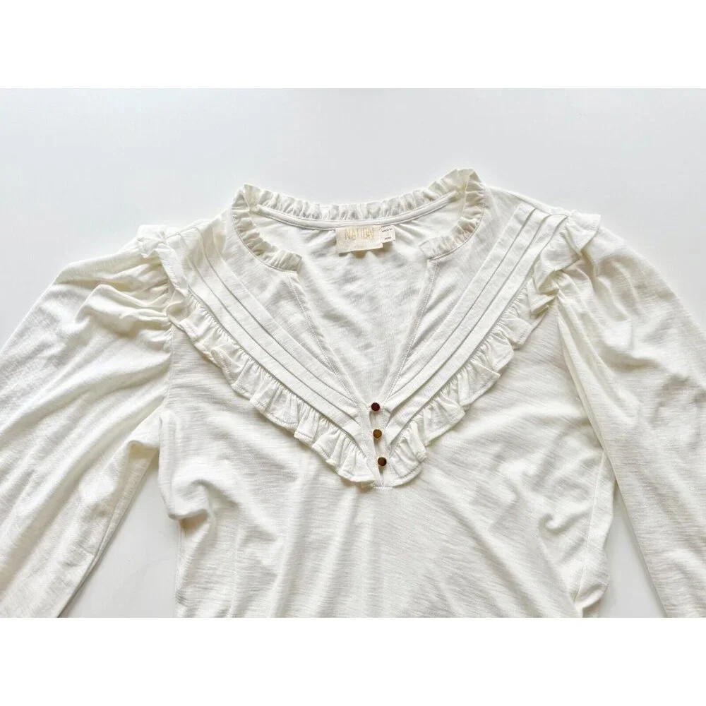 NATION LTD Quintana Ivory Cotton Jersey V-Neck Long Sleeve T-Shirt Top, Size S - Picture 8 of 15